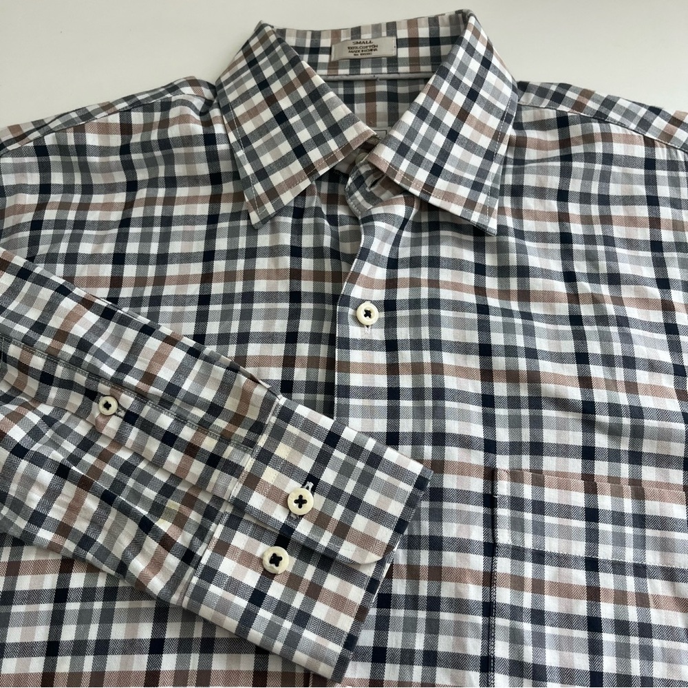 Peter Millar Men’s Tan Black Plaid‎ Long Sleeve Button Down Small neutral